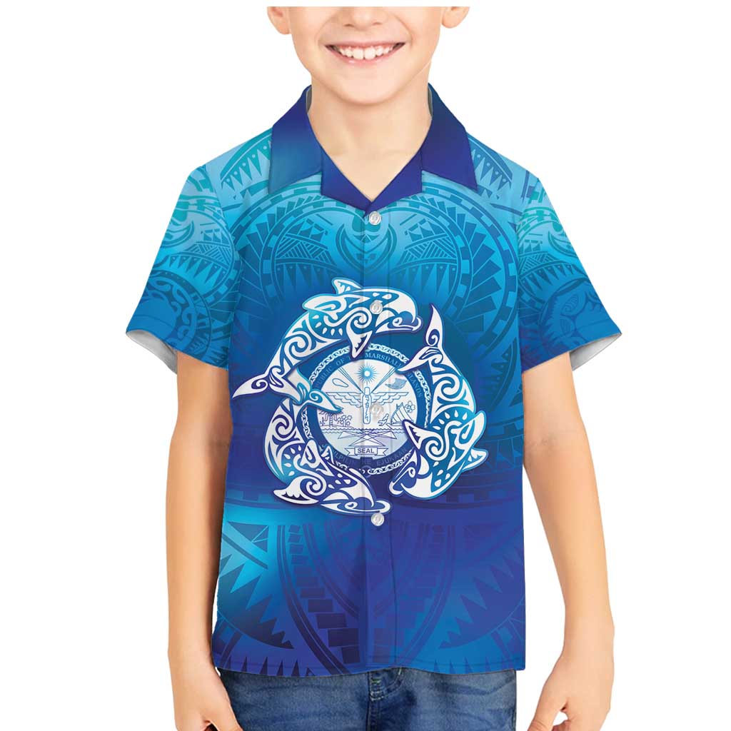 Marshall Islands Manit Day Family Matching Mermaid Dress and Hawaiian Shirt Tribal Dolphin With Marshall Seal LT05 Son's Shirt Blue - Polynesian Pride