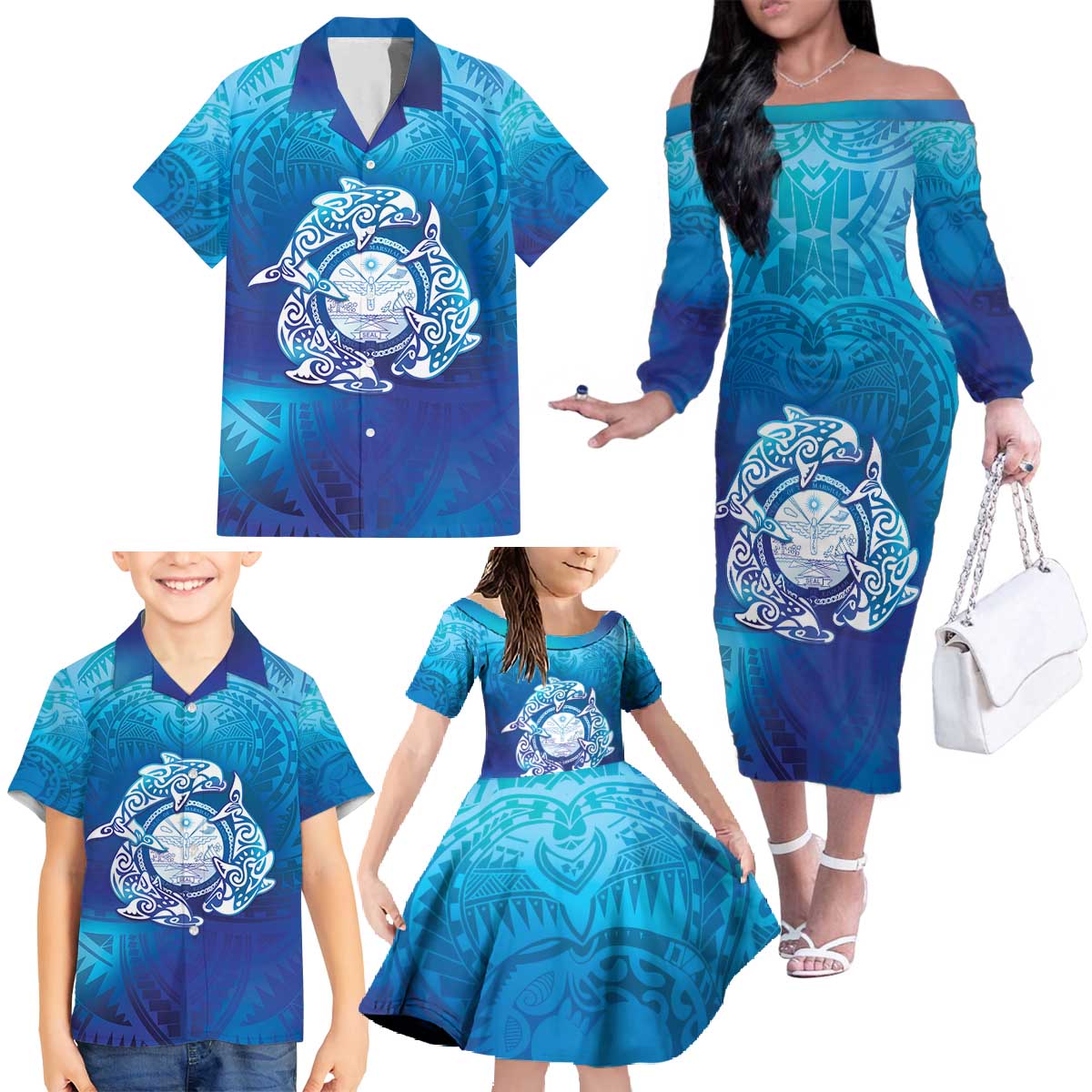 Marshall Islands Manit Day Family Matching Off The Shoulder Long Sleeve Dress and Hawaiian Shirt Tribal Dolphin With Marshall Seal LT05 - Polynesian Pride