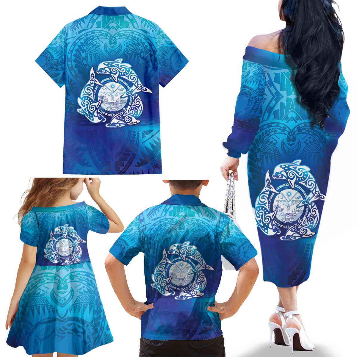 Marshall Islands Manit Day Family Matching Off The Shoulder Long Sleeve Dress and Hawaiian Shirt Tribal Dolphin With Marshall Seal LT05 - Polynesian Pride