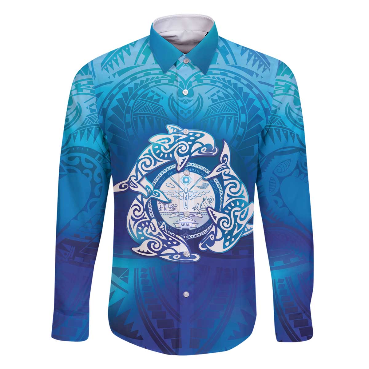 Marshall Islands Manit Day Family Matching Off The Shoulder Long Sleeve Dress and Hawaiian Shirt Tribal Dolphin With Marshall Seal LT05 Dad's Shirt - Long Sleeve Blue - Polynesian Pride