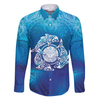 Marshall Islands Manit Day Family Matching Off Shoulder Maxi Dress and Hawaiian Shirt Tribal Dolphin With Marshall Seal LT05 Dad's Shirt - Long Sleeve Blue - Polynesian Pride