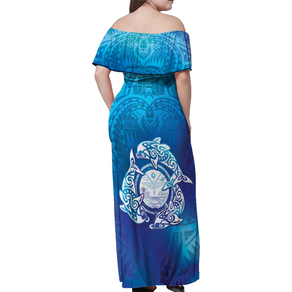 Marshall Islands Manit Day Family Matching Off Shoulder Maxi Dress and Hawaiian Shirt Tribal Dolphin With Marshall Seal LT05 - Polynesian Pride