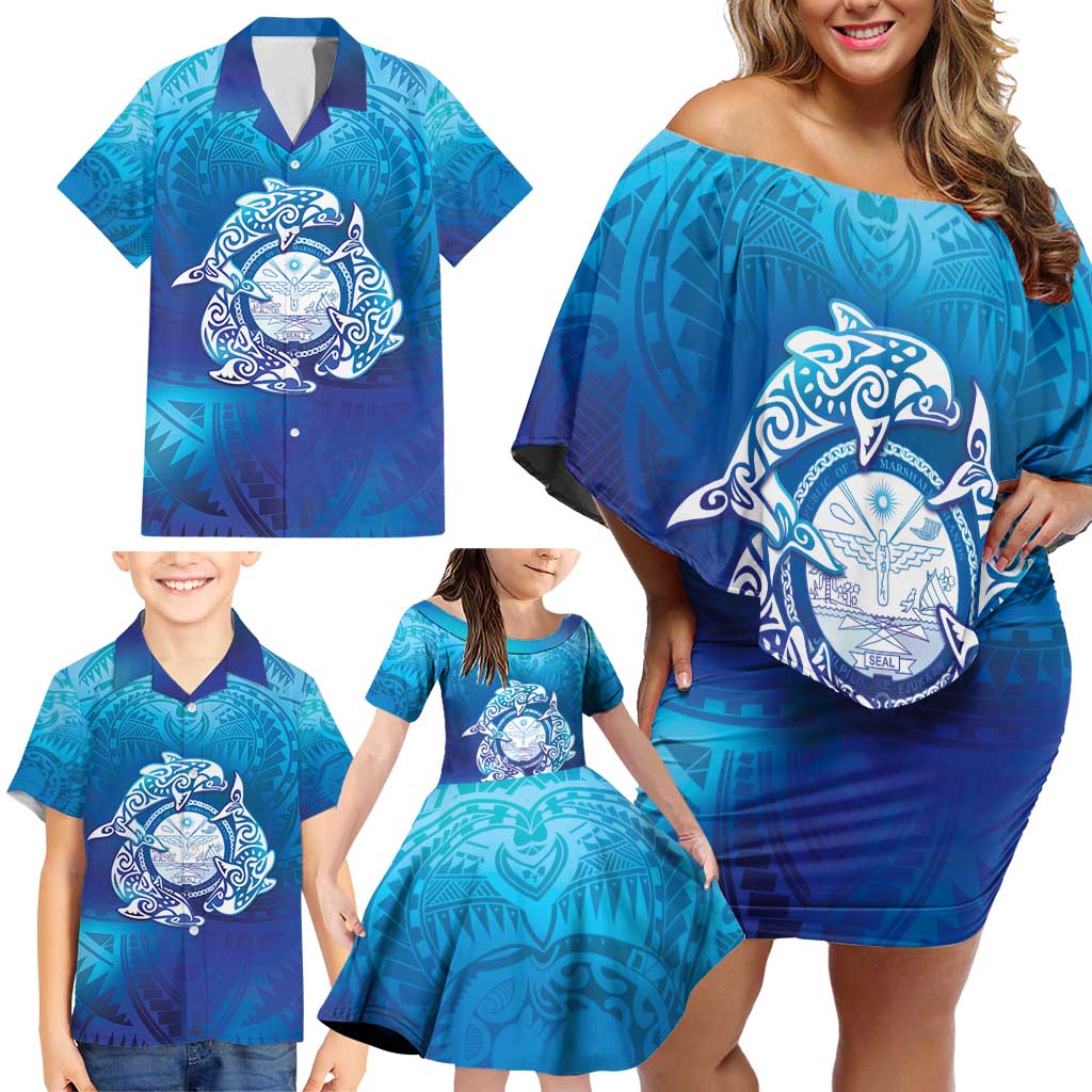 Marshall Islands Manit Day Family Matching Off Shoulder Short Dress and Hawaiian Shirt Tribal Dolphin With Marshall Seal LT05 - Polynesian Pride