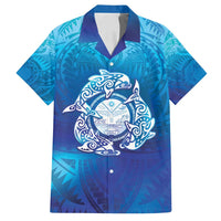 Marshall Islands Manit Day Family Matching Off Shoulder Short Dress and Hawaiian Shirt Tribal Dolphin With Marshall Seal LT05 Dad's Shirt - Short Sleeve Blue - Polynesian Pride