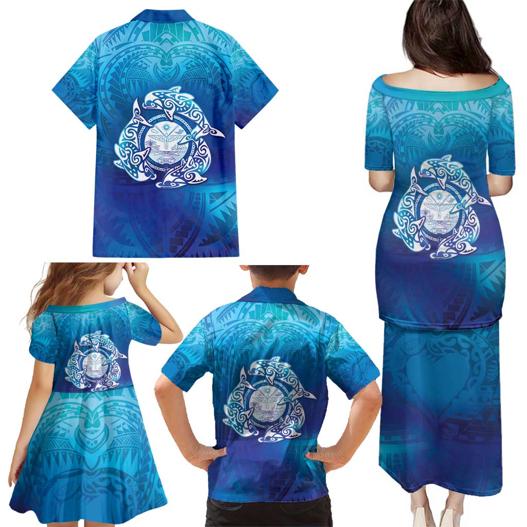 Marshall Islands Manit Day Family Matching Puletasi and Hawaiian Shirt Tribal Dolphin With Marshall Seal LT05 - Polynesian Pride