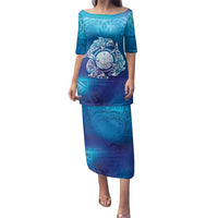 Marshall Islands Manit Day Family Matching Puletasi and Hawaiian Shirt Tribal Dolphin With Marshall Seal LT05 Mom's Dress Blue - Polynesian Pride