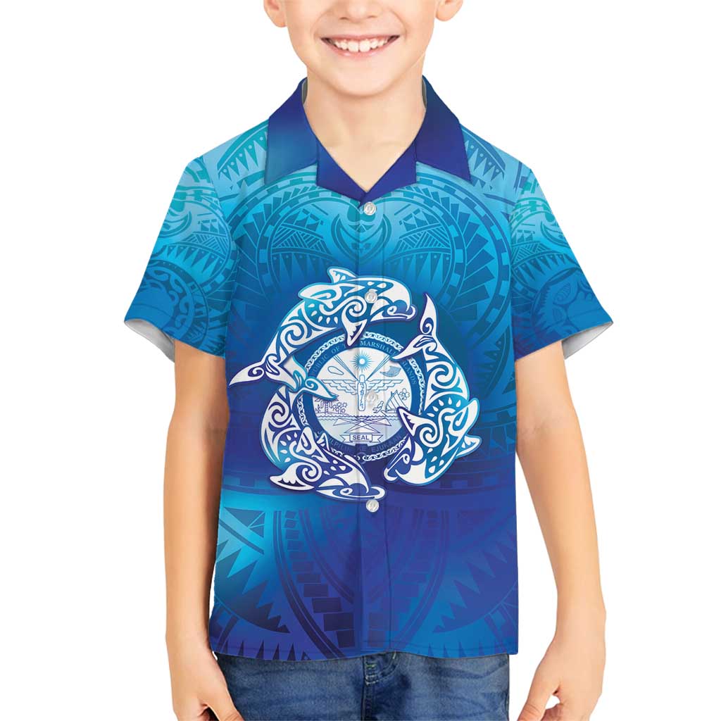 Marshall Islands Manit Day Family Matching Puletasi and Hawaiian Shirt Tribal Dolphin With Marshall Seal LT05 Son's Shirt Blue - Polynesian Pride