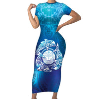 Marshall Islands Manit Day Family Matching Short Sleeve Bodycon Dress and Hawaiian Shirt Tribal Dolphin With Marshall Seal LT05 Mom's Dress Blue - Polynesian Pride