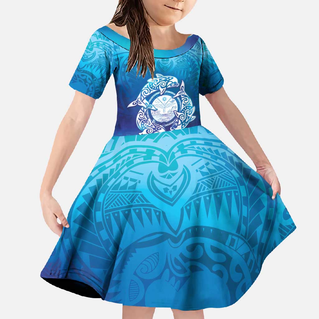 Marshall Islands Manit Day Family Matching Tank Maxi Dress and Hawaiian Shirt Tribal Dolphin With Marshall Seal LT05 Daughter's Dress Blue - Polynesian Pride