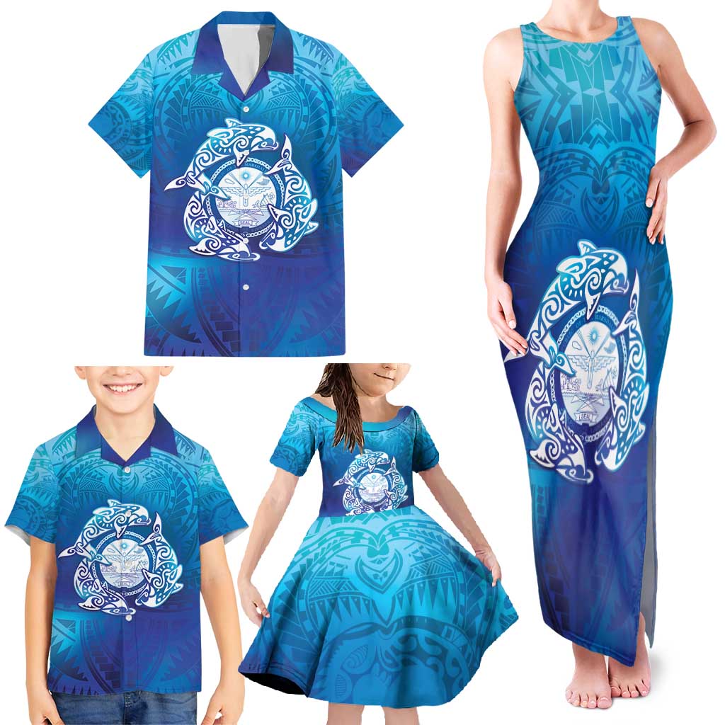 Marshall Islands Manit Day Family Matching Tank Maxi Dress and Hawaiian Shirt Tribal Dolphin With Marshall Seal LT05 - Polynesian Pride