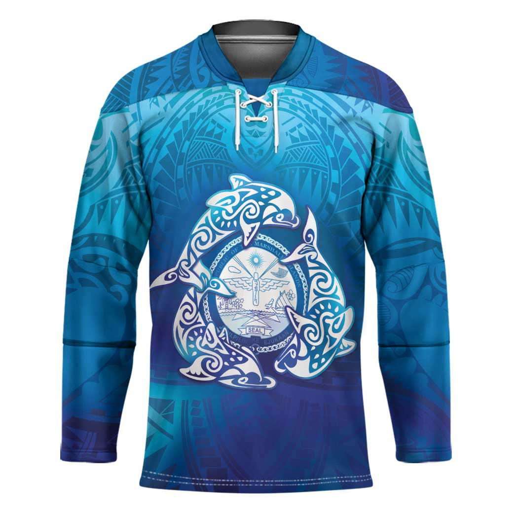 Marshall Islands Manit Day Hockey Jersey Tribal Dolphin With Marshall Seal - Polynesian Pride