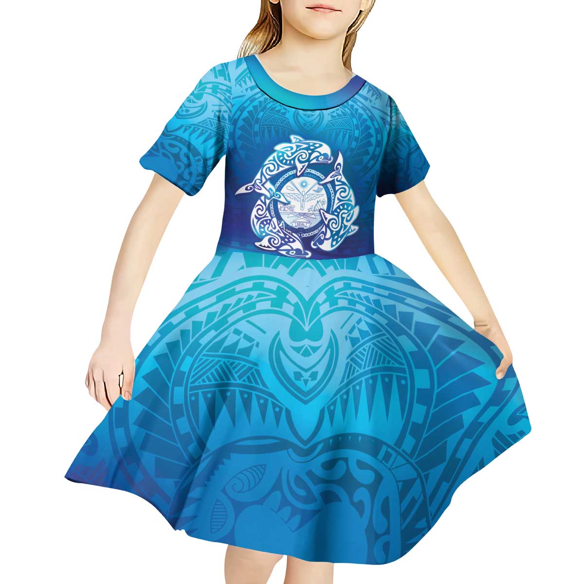 Marshall Islands Manit Day Kid Short Sleeve Dress Tribal Dolphin With Marshall Seal - Polynesian Pride
