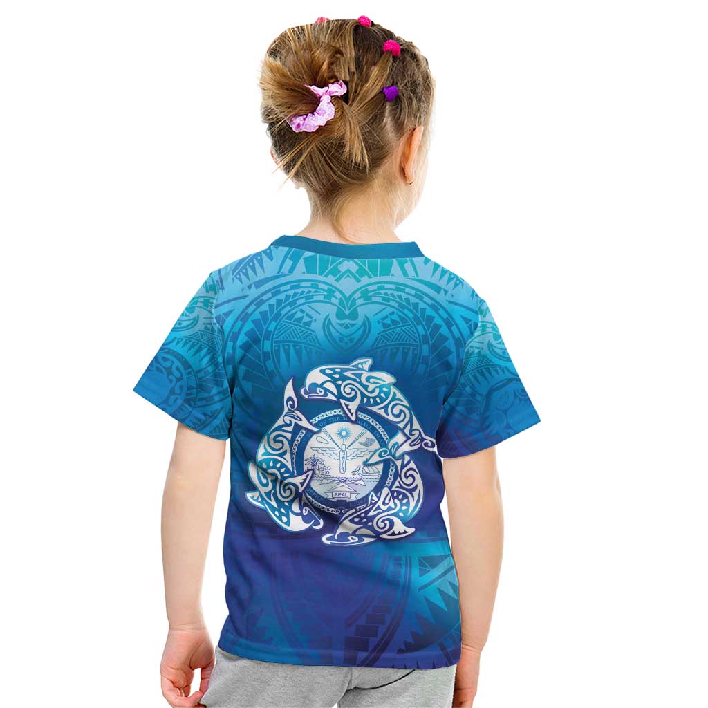 Marshall Islands Manit Day Kid T Shirt Tribal Dolphin With Marshall Seal - Polynesian Pride