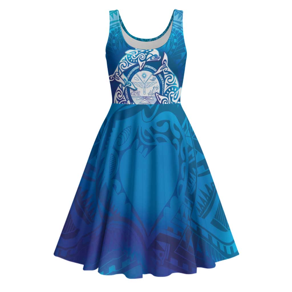 Marshall Islands Manit Day Midi Dress Tribal Dolphin With Marshall Seal - Polynesian Pride