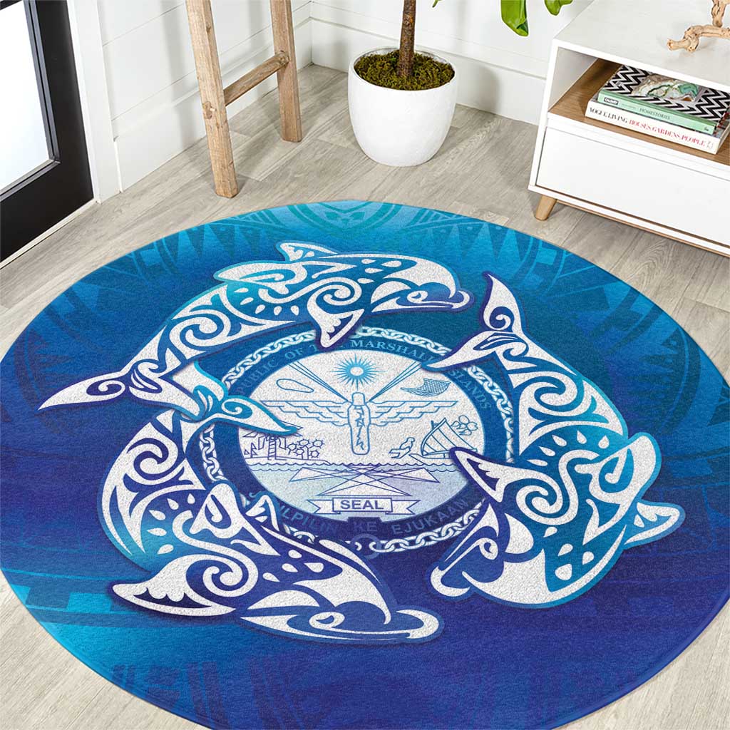Marshall Islands Manit Day Round Carpet Tribal Dolphin With Marshall Seal LT05 Blue - Polynesian Pride