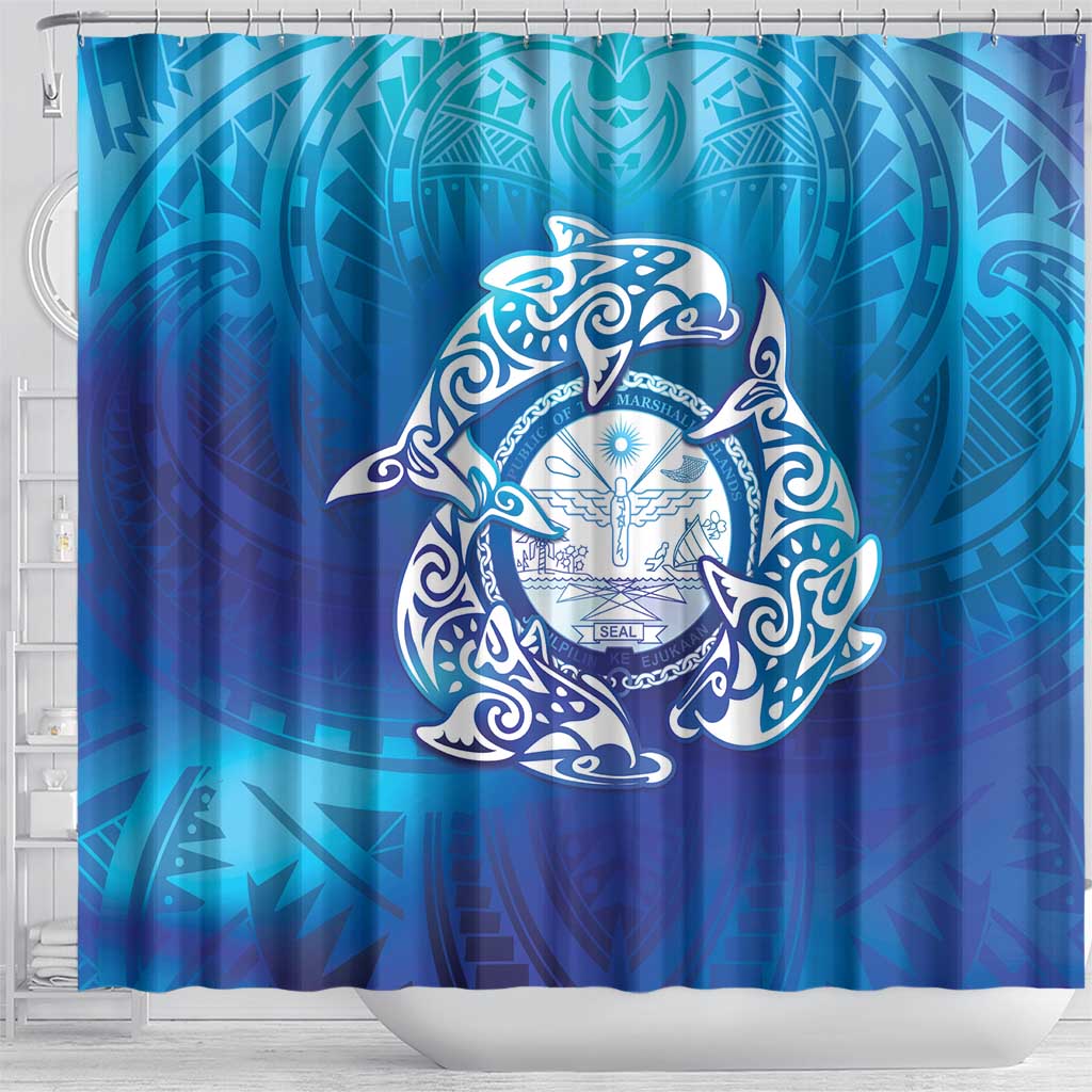 Marshall Islands Manit Day Shower Curtain Tribal Dolphin With Marshall Seal - Polynesian Pride