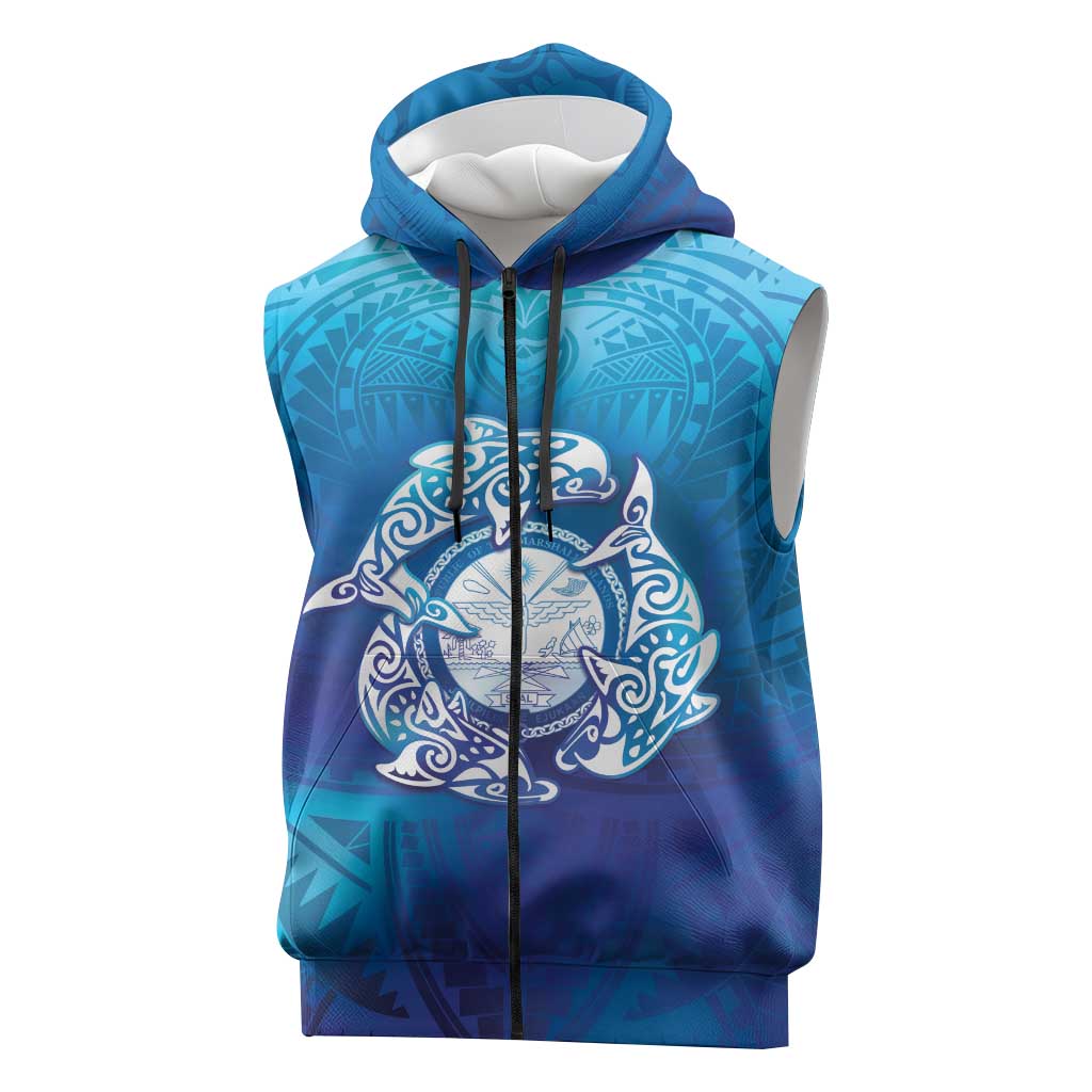 Marshall Islands Manit Day Sleeveless Zip Hoodie Tribal Dolphin With Marshall Seal - Polynesian Pride