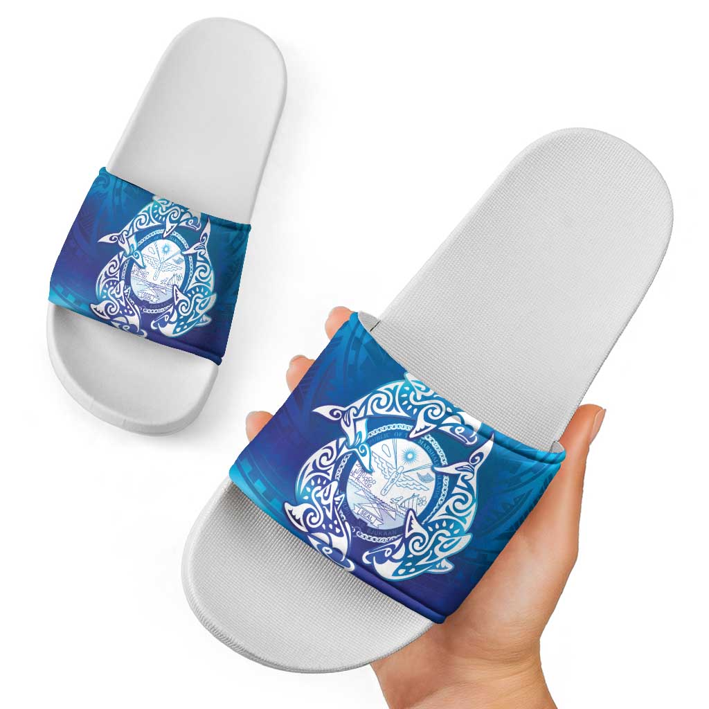 Marshall Islands Manit Day Slide Sandals Tribal Dolphin With Marshall Seal - Polynesian Pride