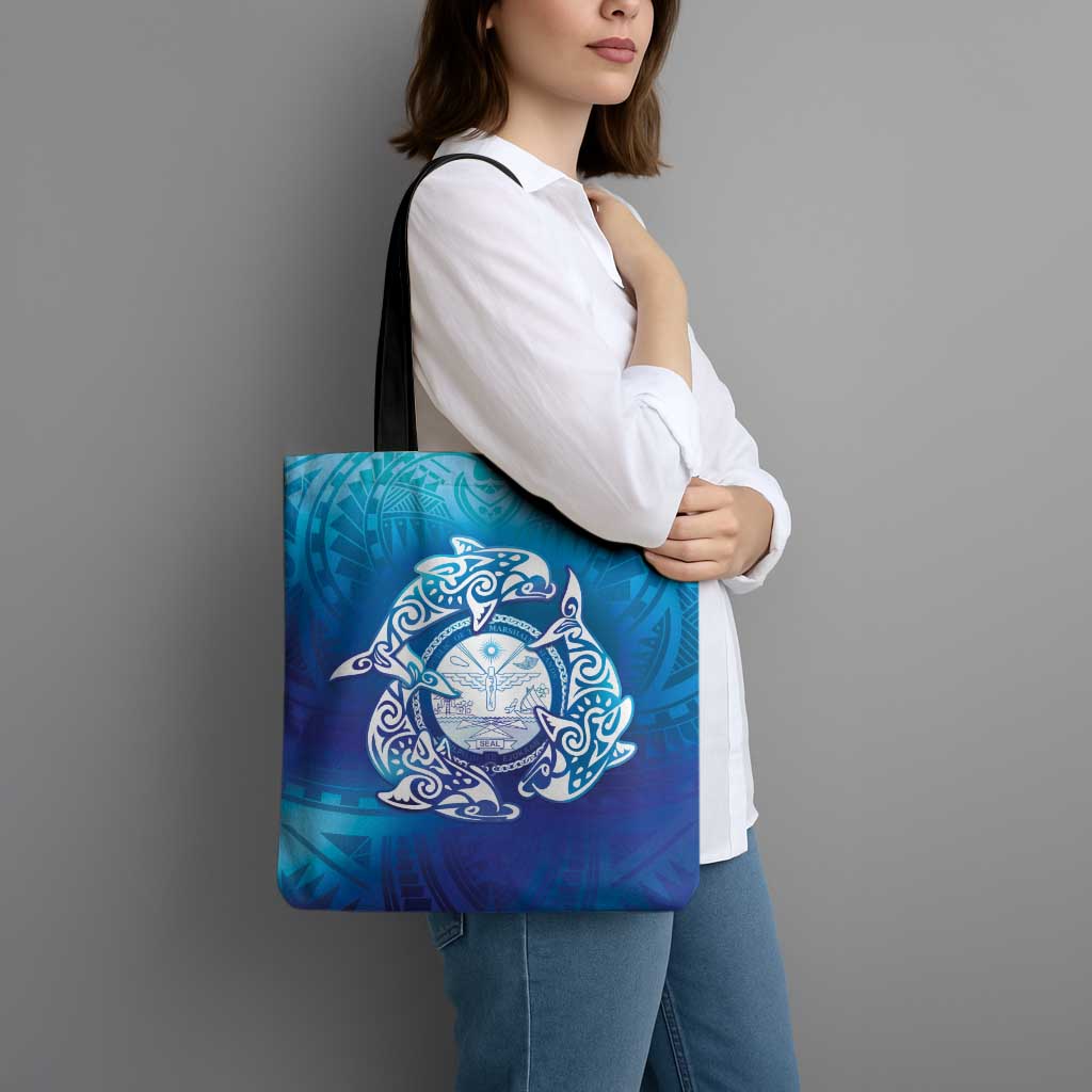 Marshall Islands Manit Day Tote Bag Tribal Dolphin With Marshall Seal - Polynesian Pride