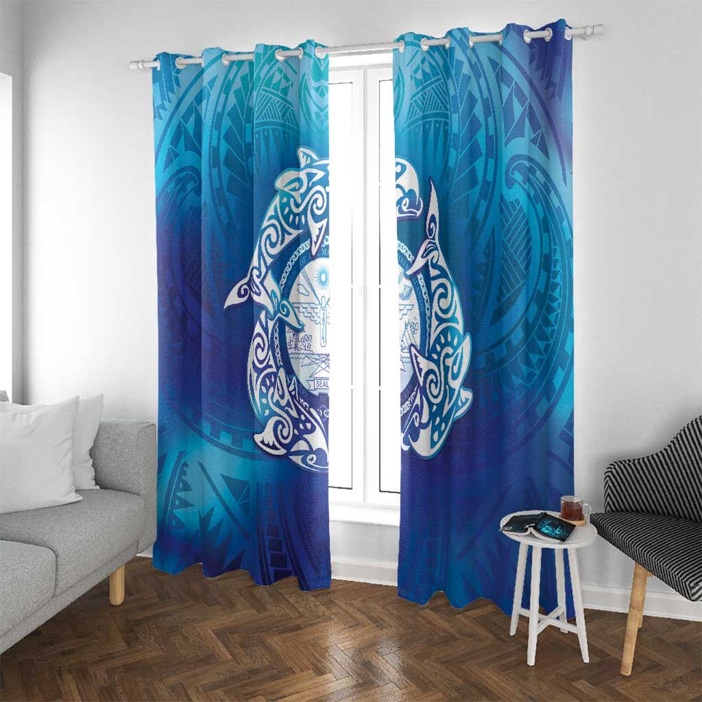 Marshall Islands Manit Day Window Curtain Tribal Dolphin With Marshall Seal - Polynesian Pride