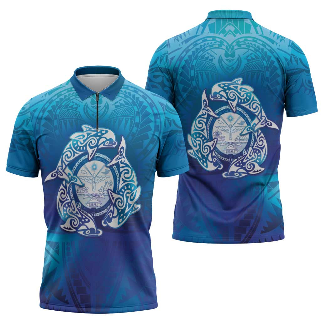 Marshall Islands Manit Day Zipper Polo Shirt Tribal Dolphin With Marshall Seal - Polynesian Pride