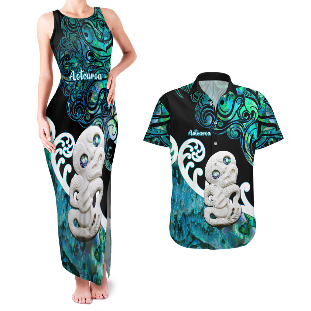 Personalized Aotearoa New Zealand Couples Matching Tank Maxi Dress and Hawaiian Shirt Paua Shell Fern Koru With Maori Hei Tiki LT05 Green - Polynesian Pride