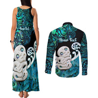 Personalized Aotearoa New Zealand Couples Matching Tank Maxi Dress and Long Sleeve Button Shirts Paua Shell Fern Koru With Maori Hei Tiki LT05 - Polynesian Pride