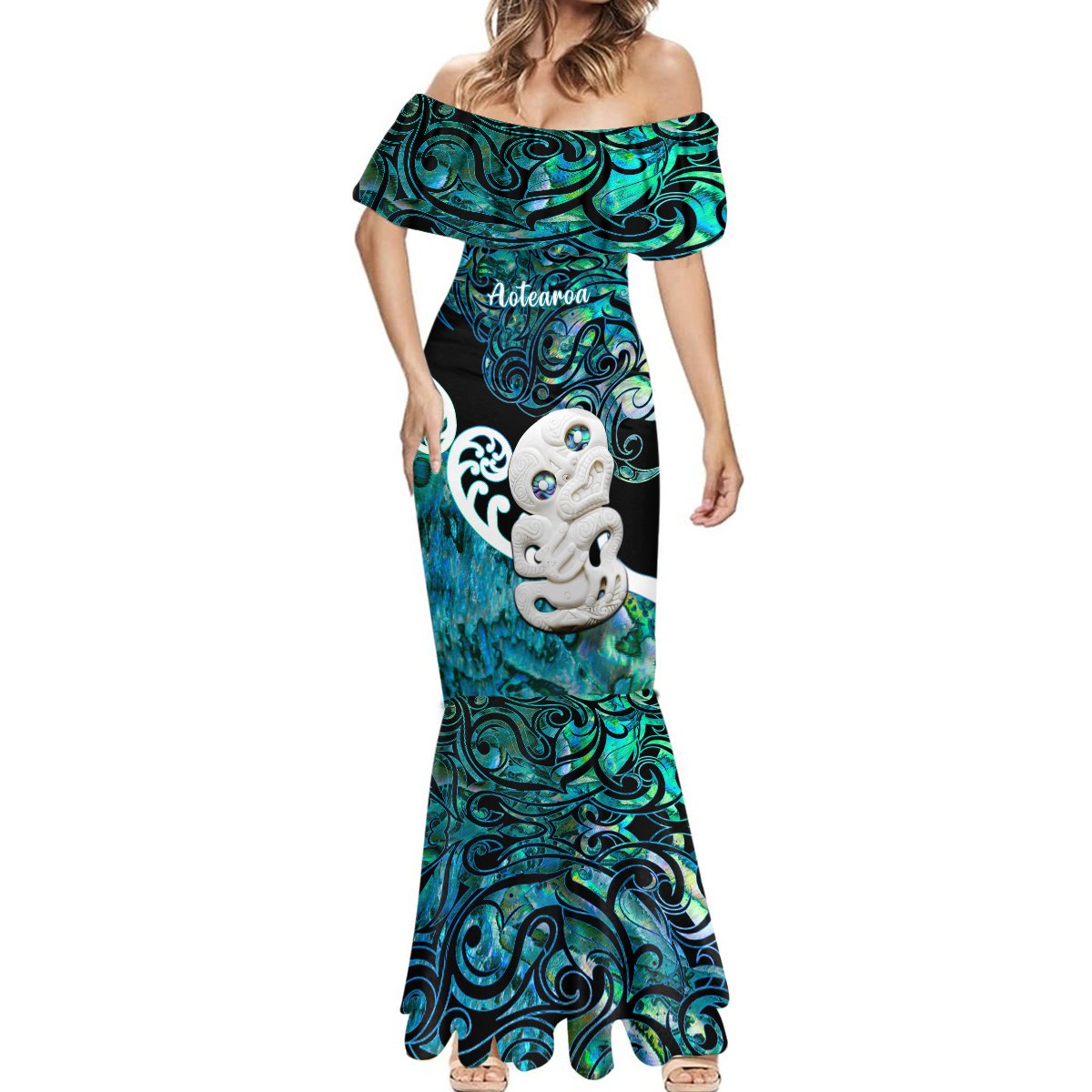 Personalized Aotearoa New Zealand Mermaid Dress Paua Shell Fern Koru With Maori Hei Tiki LT05 - Polynesian Pride