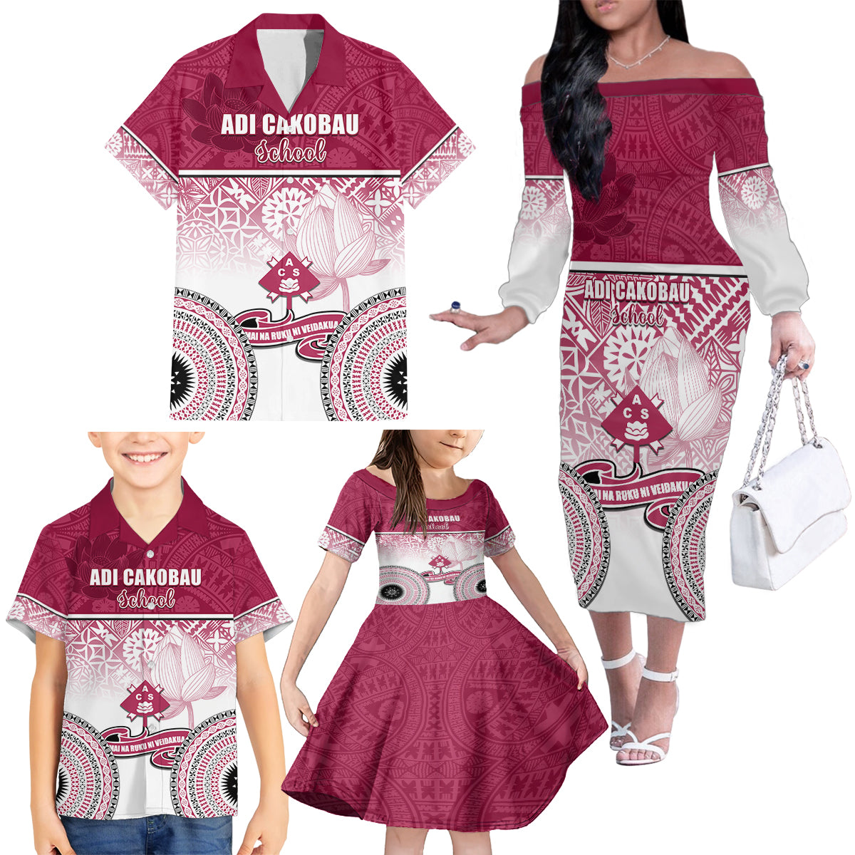 Adi Cakobau School Family Matching Off Shoulder Long Sleeve Dress and Hawaiian Shirt 75th Anniversary LT05 - Polynesian Pride