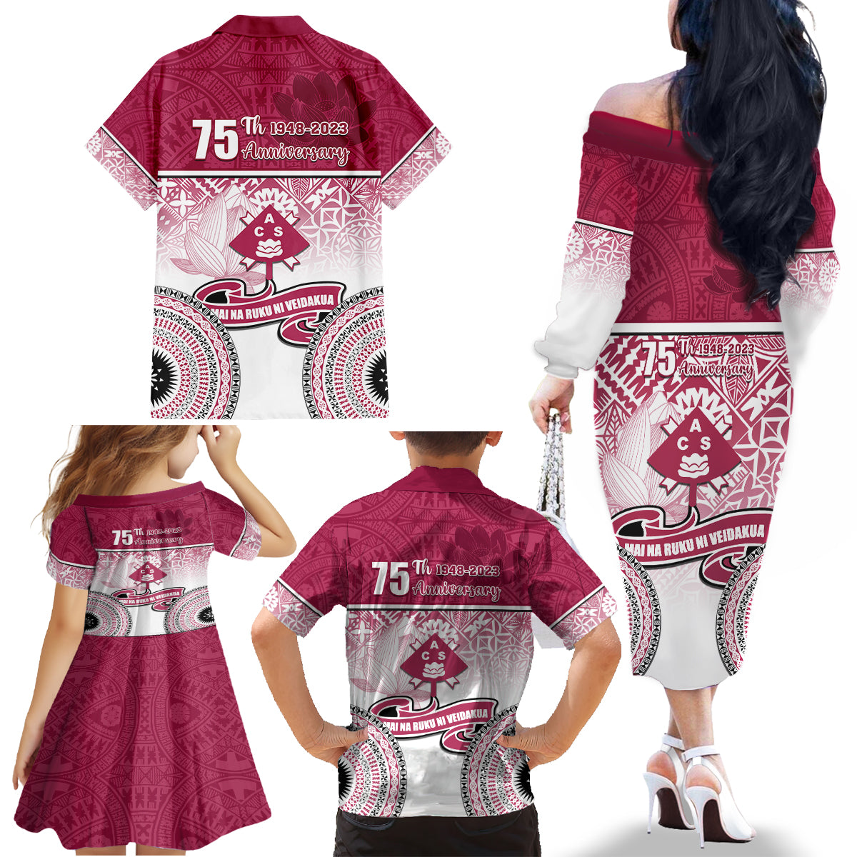 Adi Cakobau School Family Matching Off Shoulder Long Sleeve Dress and Hawaiian Shirt 75th Anniversary LT05 - Polynesian Pride