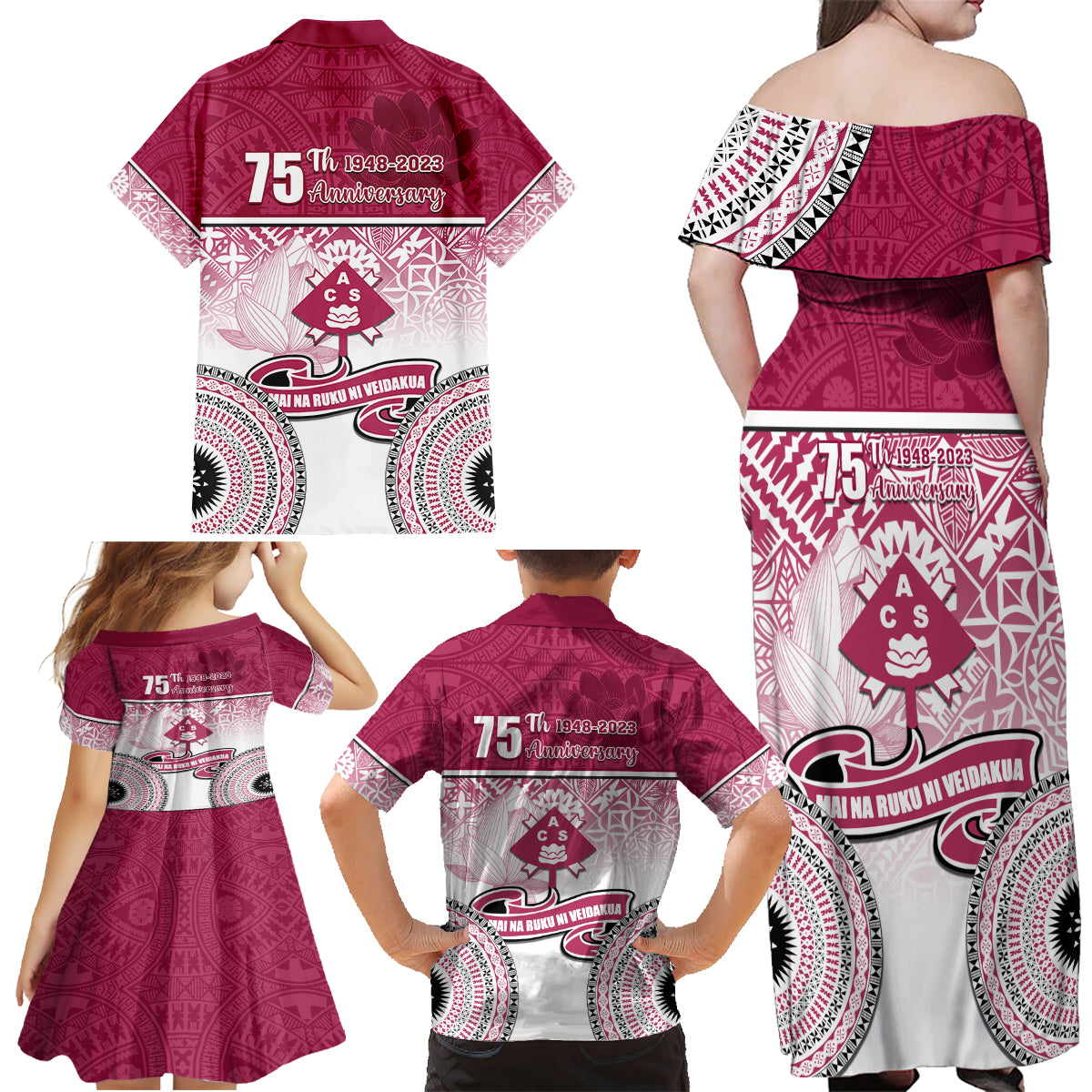 Adi Cakobau School Family Matching Off Shoulder Maxi Dress and Hawaiian Shirt 75th Anniversary LT05 - Polynesian Pride