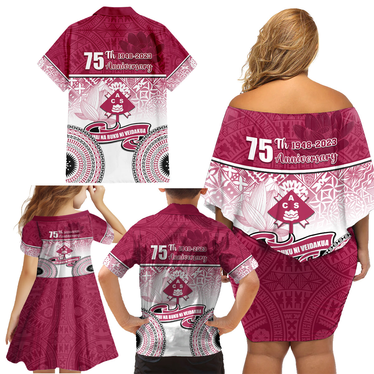 Adi Cakobau School Family Matching Off Shoulder Short Dress and Hawaiian Shirt 75th Anniversary LT05 - Polynesian Pride