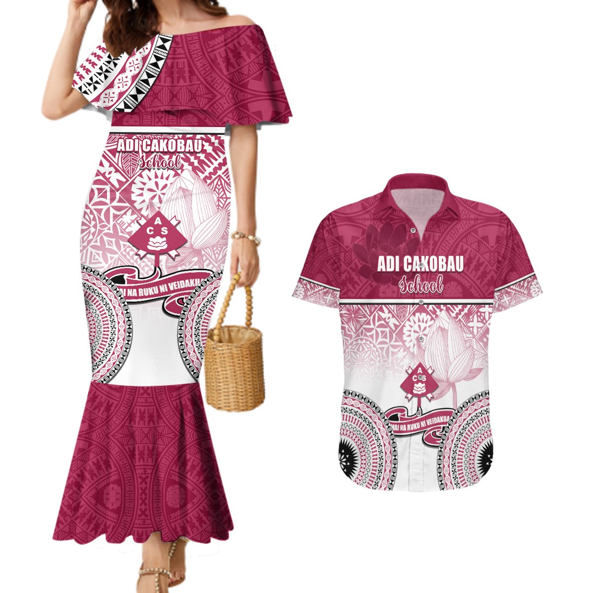 Personalized Adi Cakobau School Couples Matching Mermaid Dress and Hawaiian Shirt With Fijian Tapa Pattern LT05 Pink - Polynesian Pride