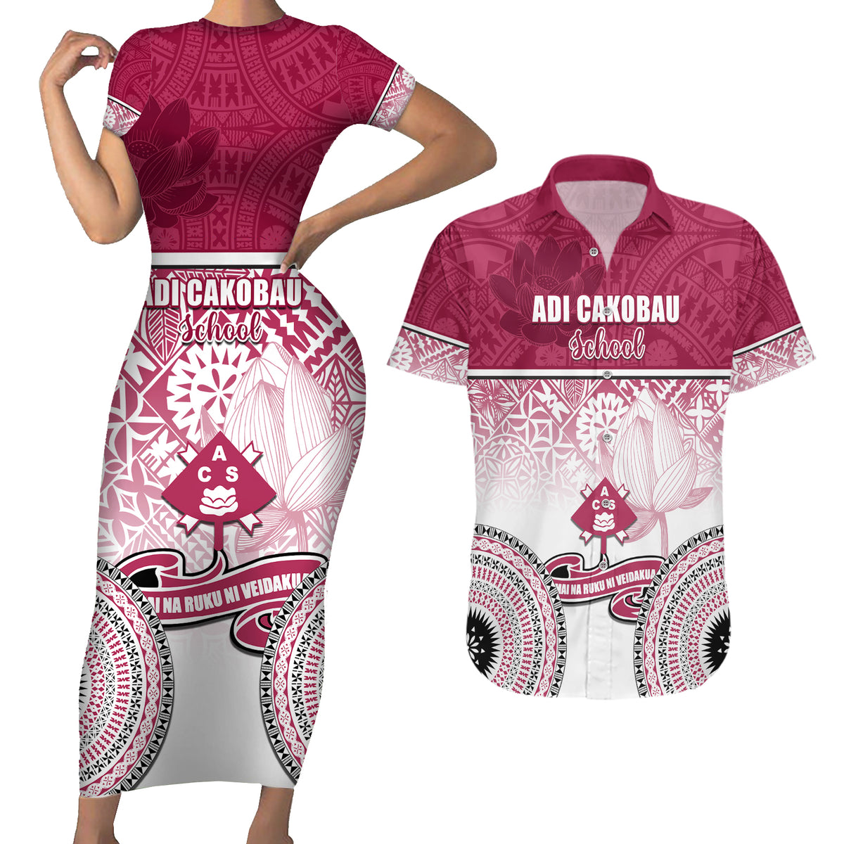 Personalized Adi Cakobau School Couples Matching Short Sleeve Bodycon Dress and Hawaiian Shirt With Fijian Tapa Pattern LT05 Pink - Polynesian Pride