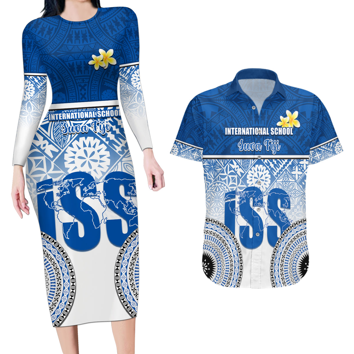 Personalized International School Suva Couples Matching Long Sleeve Bodycon Dress and Hawaiian Shirt With Fijian Tapa Pattern LT05 Blue - Polynesian Pride