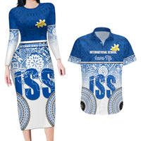 Personalized International School Suva Couples Matching Long Sleeve Bodycon Dress and Hawaiian Shirt With Fijian Tapa Pattern LT05 Blue - Polynesian Pride