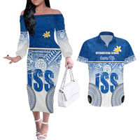 Personalized International School Suva Couples Matching Off The Shoulder Long Sleeve Dress and Hawaiian Shirt With Fijian Tapa Pattern LT05 Blue - Polynesian Pride