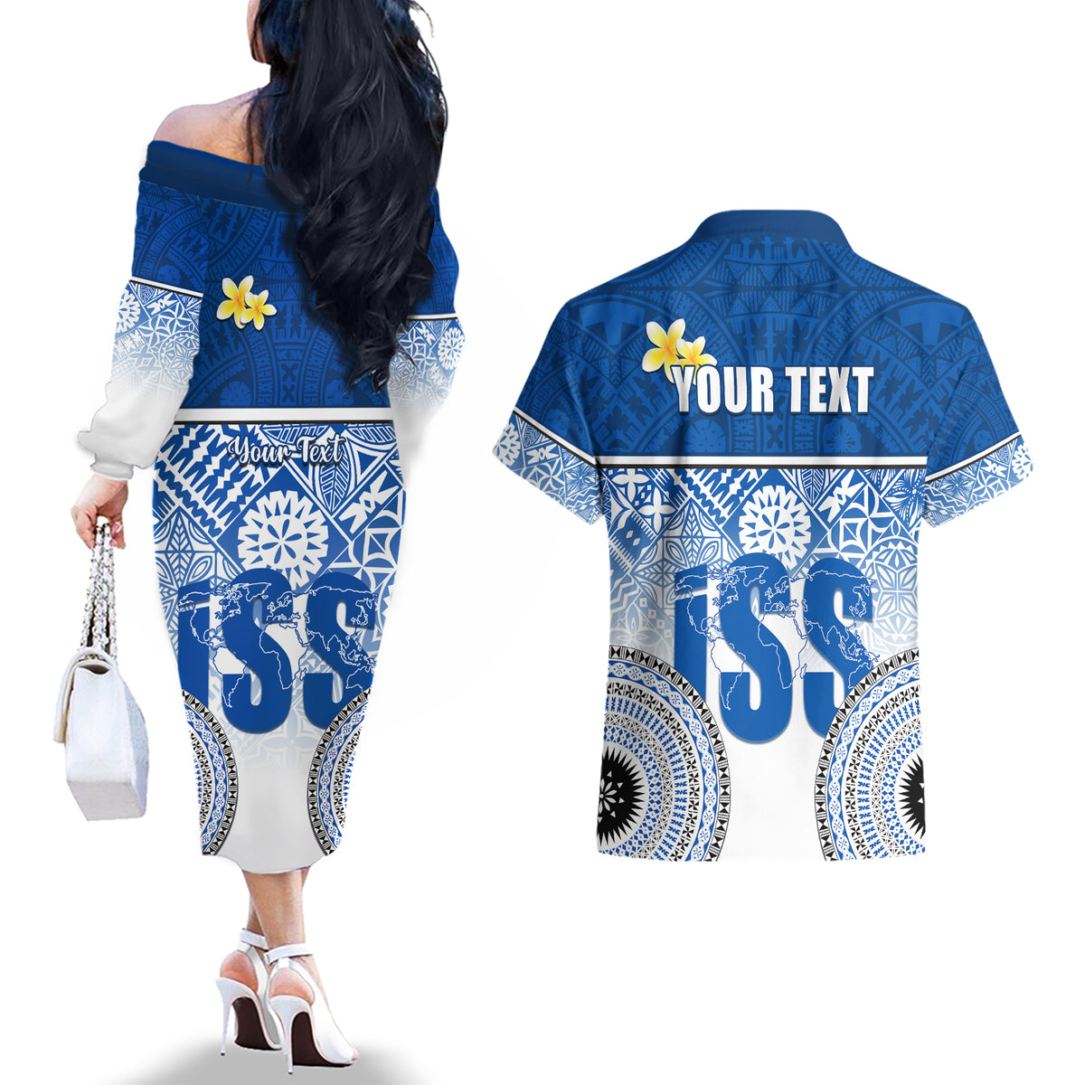 Personalized International School Suva Couples Matching Off The Shoulder Long Sleeve Dress and Hawaiian Shirt With Fijian Tapa Pattern LT05 - Polynesian Pride