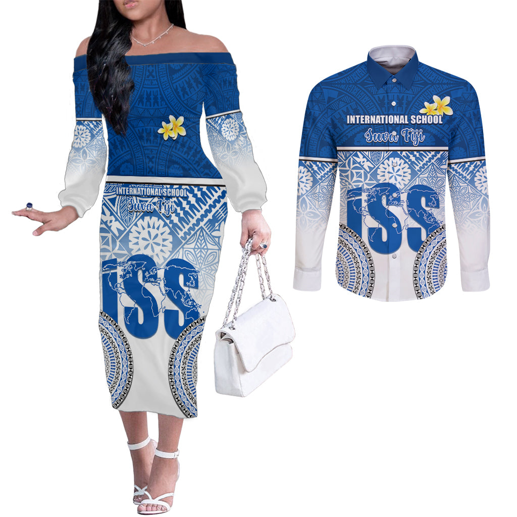 Personalized International School Suva Couples Matching Off The Shoulder Long Sleeve Dress and Long Sleeve Button Shirts With Fijian Tapa Pattern LT05 Blue - Polynesian Pride