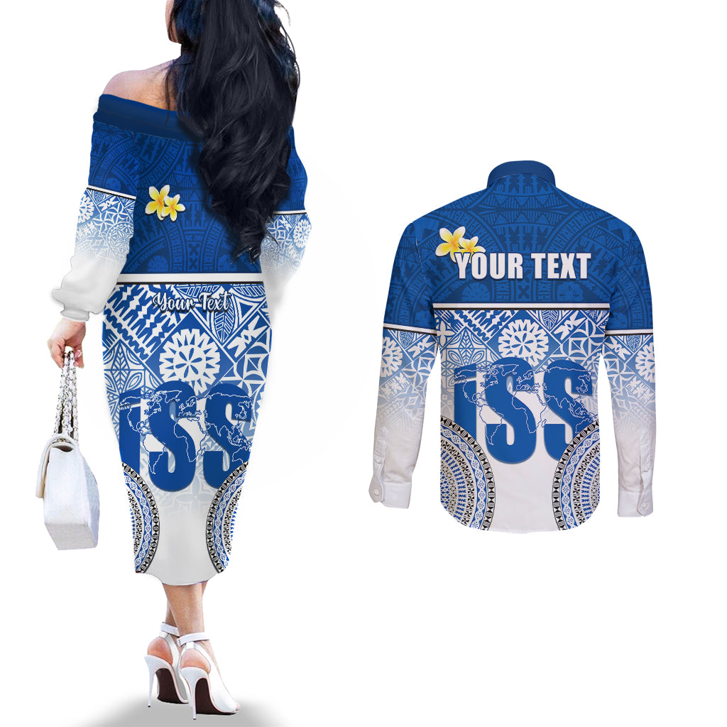 Personalized International School Suva Couples Matching Off The Shoulder Long Sleeve Dress and Long Sleeve Button Shirts With Fijian Tapa Pattern LT05 - Polynesian Pride