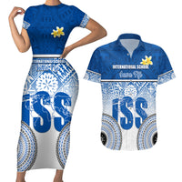 Personalized International School Suva Couples Matching Short Sleeve Bodycon Dress and Hawaiian Shirt With Fijian Tapa Pattern LT05 Blue - Polynesian Pride