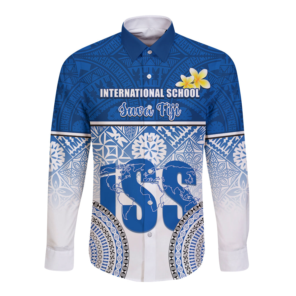 Personalized International School Suva Long Sleeve Button Shirt With Fijian Tapa Pattern LT05 Unisex Blue - Polynesian Pride