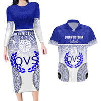Personalized Queen Victoria School Couples Matching Long Sleeve Bodycon Dress and Hawaiian Shirt With Fijian Tapa Pattern LT05 Blue - Polynesian Pride