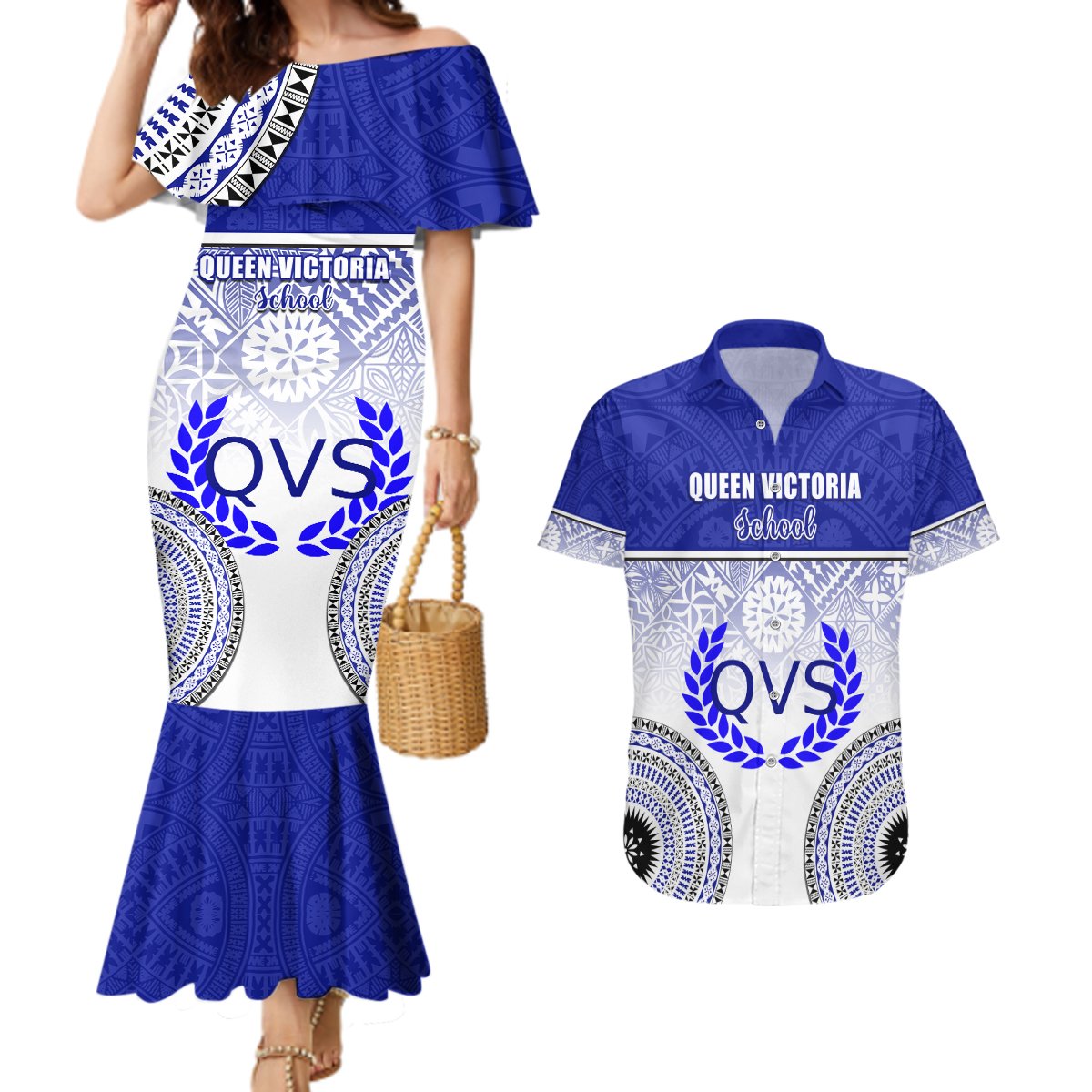 Personalized Queen Victoria School Couples Matching Mermaid Dress and Hawaiian Shirt With Fijian Tapa Pattern LT05 Blue - Polynesian Pride