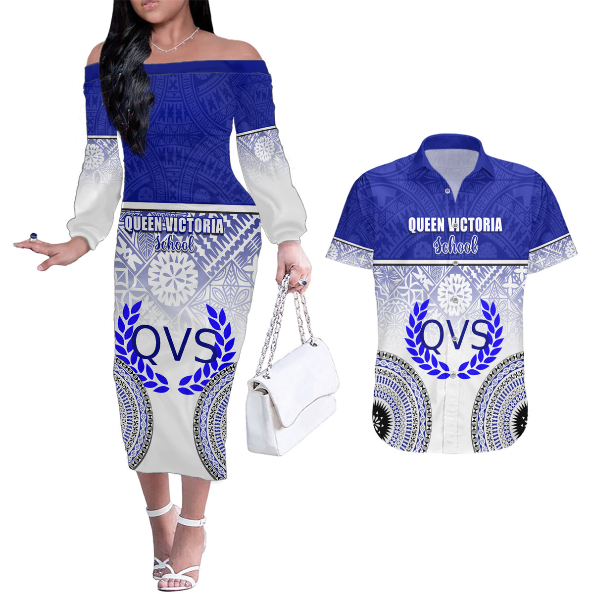 Personalized Queen Victoria School Couples Matching Off The Shoulder Long Sleeve Dress and Hawaiian Shirt With Fijian Tapa Pattern LT05 Blue - Polynesian Pride