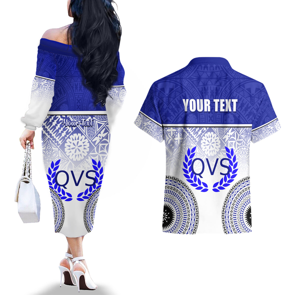 Personalized Queen Victoria School Couples Matching Off The Shoulder Long Sleeve Dress and Hawaiian Shirt With Fijian Tapa Pattern LT05 - Polynesian Pride