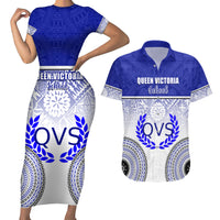 Personalized Queen Victoria School Couples Matching Short Sleeve Bodycon Dress and Hawaiian Shirt With Fijian Tapa Pattern LT05 Blue - Polynesian Pride
