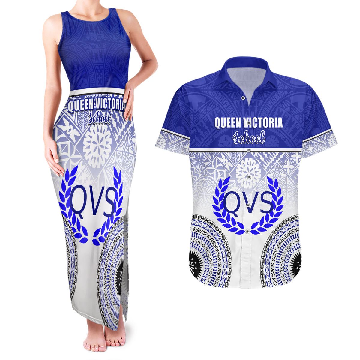 Personalized Queen Victoria School Couples Matching Tank Maxi Dress and Hawaiian Shirt With Fijian Tapa Pattern LT05 Blue - Polynesian Pride