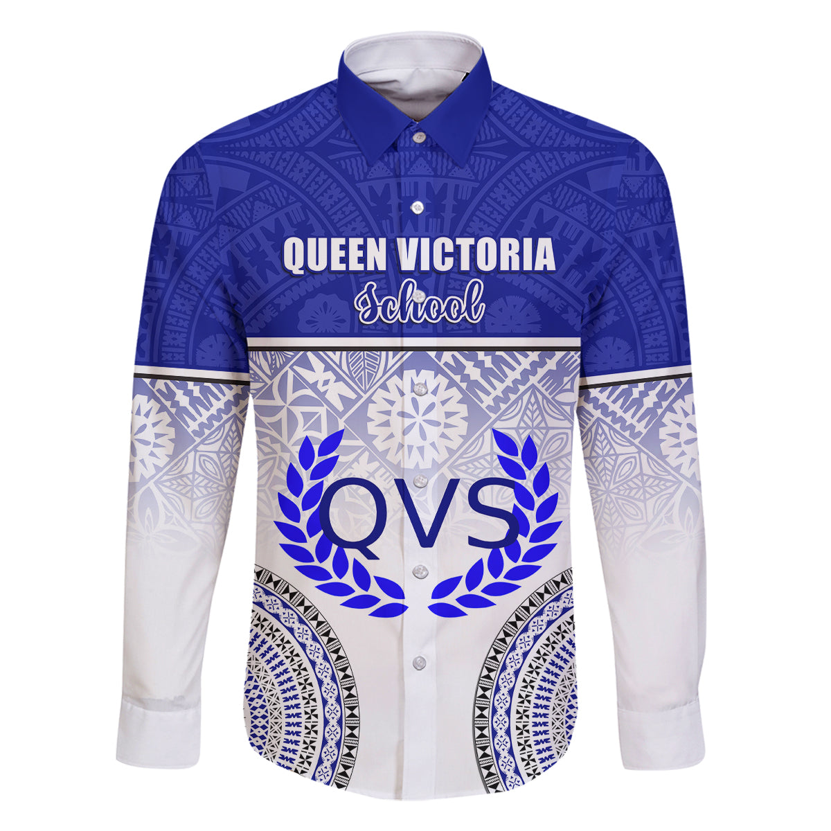 Personalized Queen Victoria School Family Matching Summer Maxi Dress and Hawaiian Shirt With Fijian Tapa Pattern LT05 Dad's Shirt - Long Sleeve Blue - Polynesian Pride