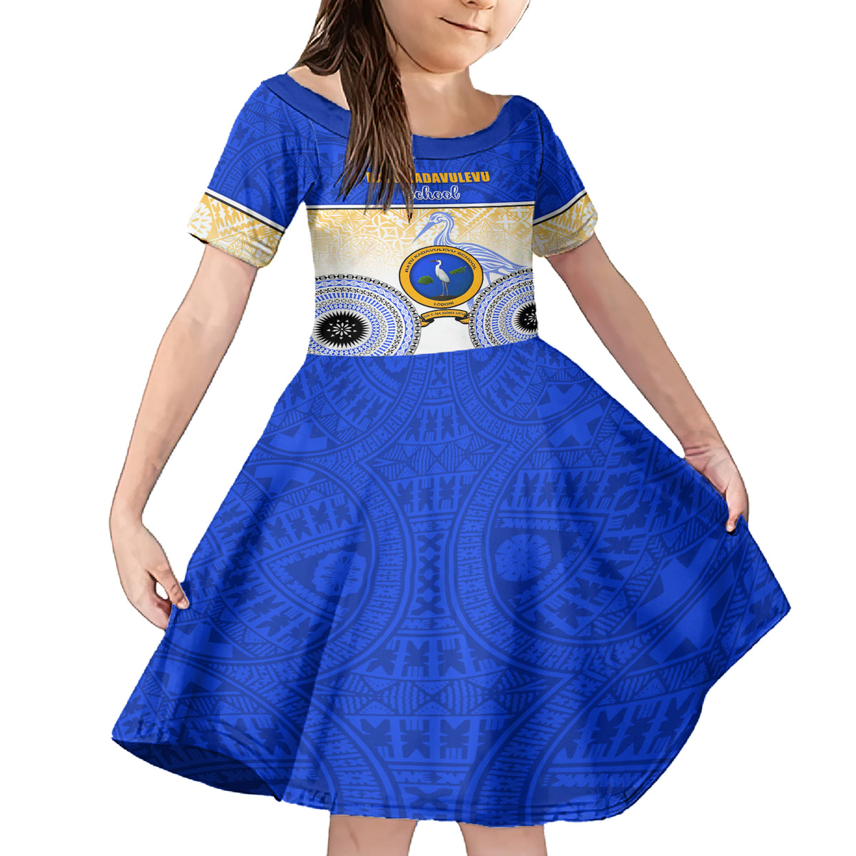 Personalized Ratu Kadavulevu School Family Matching Short Sleeve Bodycon Dress and Hawaiian Shirt With Fijian Tapa Pattern LT05 Daughter's Dress Blue - Polynesian Pride